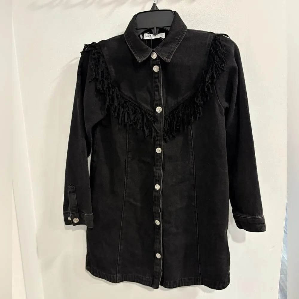 Zara Black Denim Fringe Kids Casual Dress